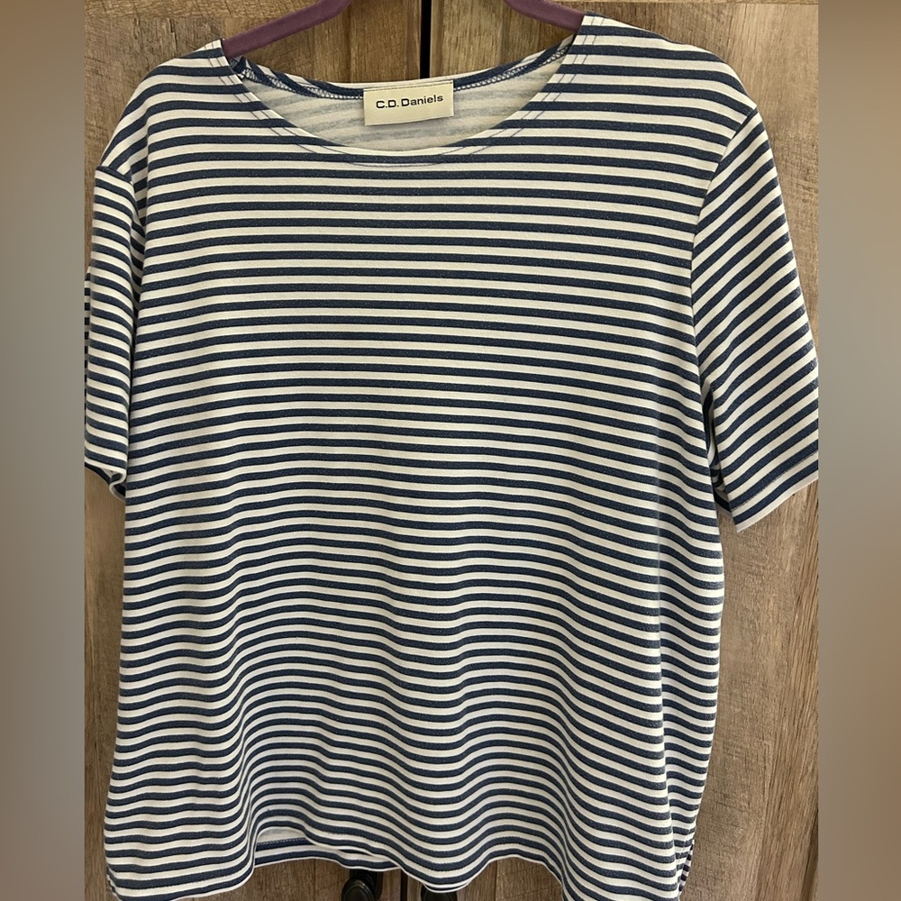 CD Daniels 1X navy white stripe scoop neck T-shirt cotton poly